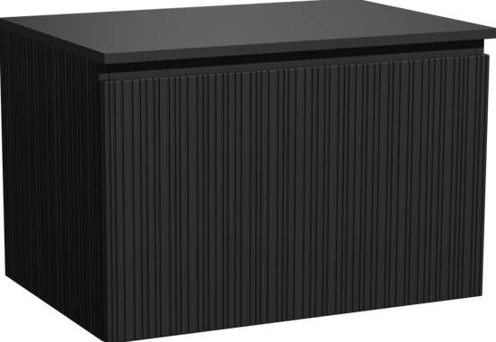 Storke Ribs zwevend badmeubel 75 x 52 cm zwart eiken met Panton enkel wastafelblad in gepoedercoate mdf mat zwart, Verticale asymmetrische rechte ribbel