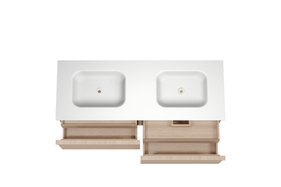 Balmani Forma meuble salle de bains suspendu 150 x 55 cm chêne naturel avec Tablo Arcato double vasque en solid surface blanc mat, Nervure droite symétrique horizontale