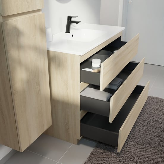 Linie Lado staand badmeubel 100 x 46 cm wit eiken met Vano enkele wastafel in composietmarmer hoogglans wit