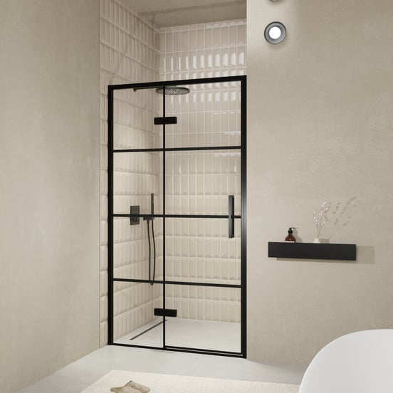 Balmani Senses Design douche draaideur links 120 cm x 210 cm Lined glas, Zwarte profielen