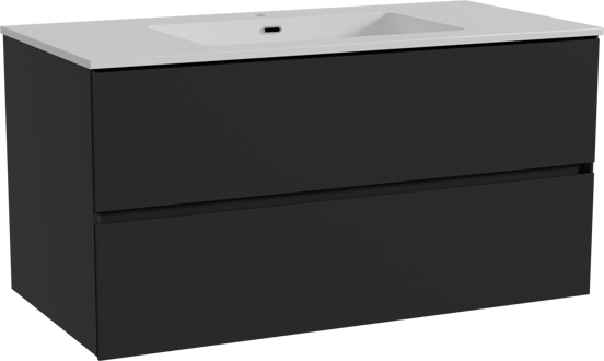 Storke Edge hängendes Möbelstück Set: 105 x 52 cm, Schwarz matt, mit Diva Einzelwaschtisch, Marmorkomposit Weiß glänzend