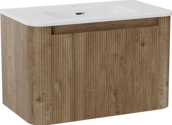 Storke Soft hängendes Möbelstück Set: 80 x 46 cm, Eiche rau, mit Kera Soft Einzelwaschtisch Keramik Weiβ matt, Vertikale symmetrische gerade Rippe