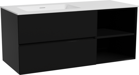 Storke Edge hängendes Möbelstück Set: 120 x 52 cm, Schwarz matt, mit Mata Waschtisch links, Solid Surface Weiß matt