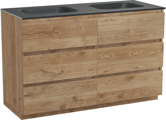 Balmani Lucida staand badmeubel 135 x 55 cm ruw eiken met Tablo Arcato dubbele wastafel in zwart graniet