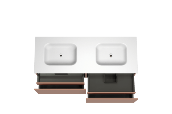 Balmani Sfera zwevend badkamermeubel 150 x 55 cm cotto met Tablo Arcato dubbele wastafel in solid surface mat wit