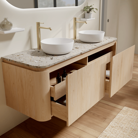 Balmani Moon hängendes Möbelstück Set: 160 x 55 cm, Naturbelassene Eiche, mit Moon Einzel- oder Doppel Waschtischplatte, Terrazzo in Greige