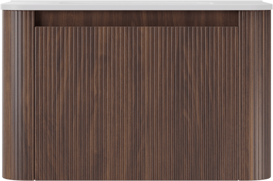 Storke Soft zwevend badmeubel 80 x 46 cm notenhout met Kera Soft enkele wastafel in porselein mat wit, Verticale symmetrische rechte ribbel