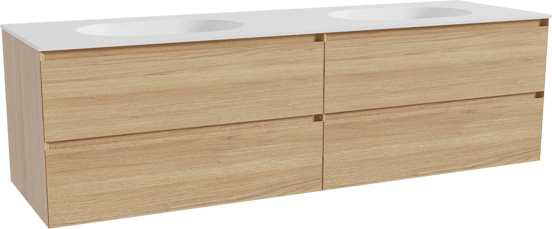 Balmani Mitra zwevend badmeubel 180 x 55 cm naturel eiken met Tablo Oval dubbele wastafel in solid surface mat wit