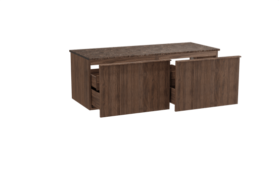 Balmani Forma hängendes Möbelstück Set: 135 x 55 cm, Amerikanischer Nussbaum, mit Stretto Einzel- oder Doppel Waschtischplatte, Marmor, Dark Emperador, Vertikale symmetrische gerade Rippe