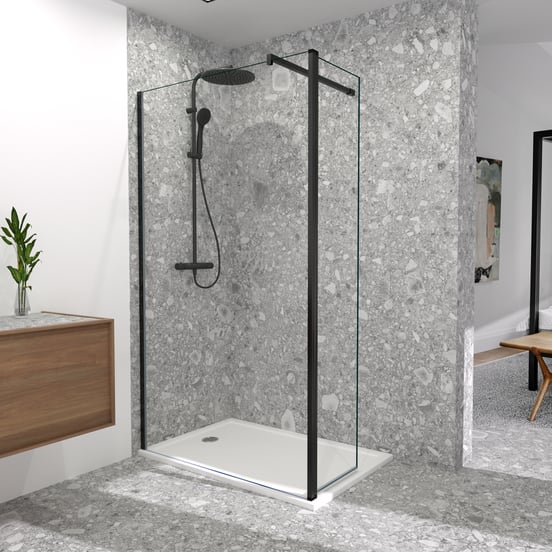 Balmani Move douche à l'italienne avec panneau latéral pivotant 120 x 200 cm verre transparent profil noir mat