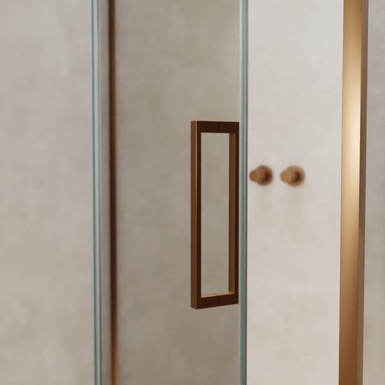 Balmani Senses Design douche en coin avec porte pivotante à gauche et paroi latérale fixe, 120 x 90 cm, Verre transparent, Profil Brushed Rosegold, coating inclus, coating inclus