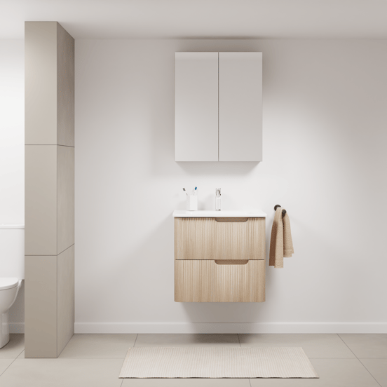 Linie Curvo zwevend badkamermeubel 60 x 46 cm lichte eik met Baro Curvo enkele wastafel in porselein glanzend wit, Verticale symmetrische ronde ribbel