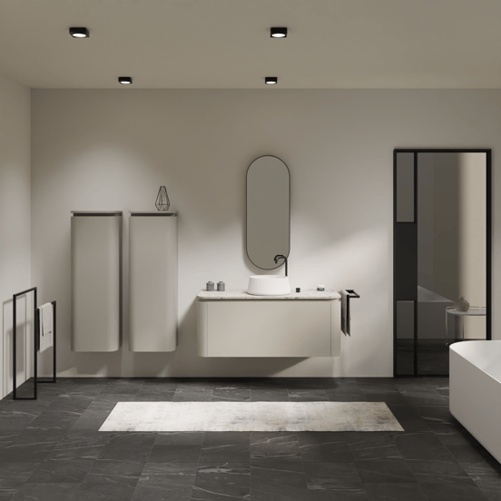 Balmani Moon meuble salle de bains suspendu 130 x 55 cm soie grise avec Moon tablette simple ou double en terrazzo greige terrazzo