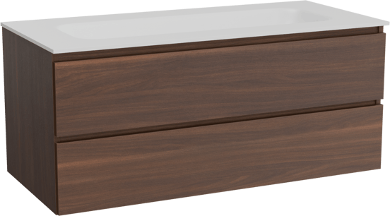 Balmani Lucida zwevend badkamermeubel 120 x 55 cm amerikaanse notelaar met Tablo Arcato enkele wastafel voor 2 kraangaten in solid surface mat wit