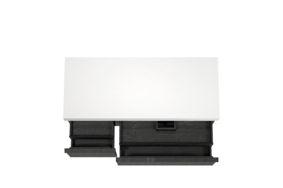 Balmani Forma zwevend badmeubel 135 x 55 cm zwart eiken met Dominus enkel of dubbel wastafelblad in solid surface mat wit, Verticale symmetrische rechte ribbel