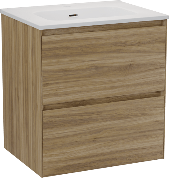 Balmani Mitra Compact zwevend badmeubel 60 x 46 cm wild eiken met Nostra enkele wastafel in porselein mat wit