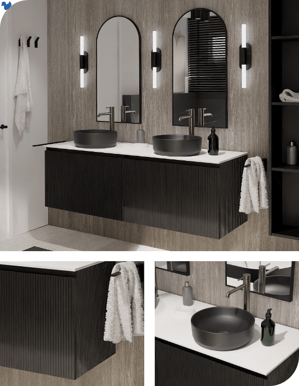 Luxe badkamer met zwevend zwart wastafelmeubel, dubbele waskom en moderne verlichting voor een elegante uitstraling.
