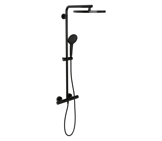 Colonne de douche noire avec grande tête de douche ronde effet pluie, douchette à main, barre verticale et mitigeur thermostatique en bas, modèle mural Blaufoss Nola disponible chez x²o salles de bains.