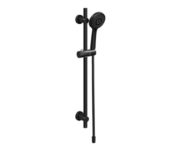 Douchette noire avec barre coulissante réglable, pomme ronde avec buses et flexible assorti, conçue pour fixation murale, disponible chez x²o salles de bains.