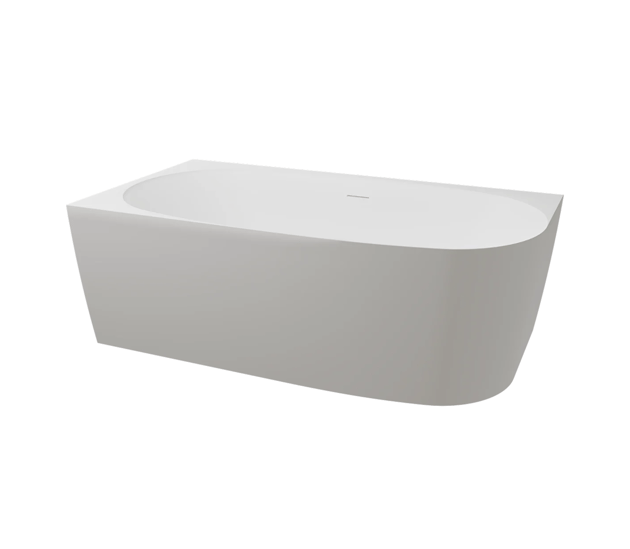 Baignoire d’angle blanche avec forme intérieure arrondie et lignes extérieures épurées, placée contre deux murs, modèle Luca Varess Sutilo disponible chez x²o salles de bains.
