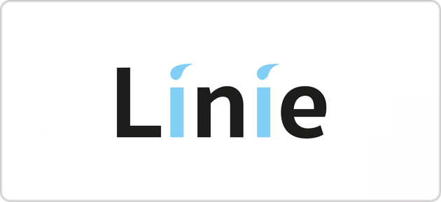 Standaard Linie-logo met zwarte letters en lichtblauwe waterdruppel-accenten op een witte achtergrond.