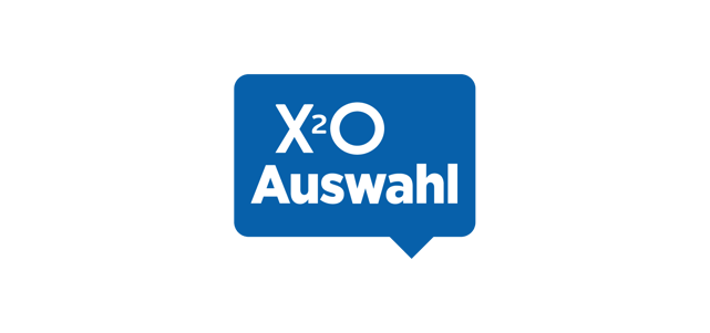 Du siehst ein blaues Sprechblasen-Symbol auf schwarzem Hintergrund mit der weißen Aufschrift „X²O Auswahl“. Dieses Emblem kennzeichnet eine empfohlene Produktauswahl von x²o Bad.