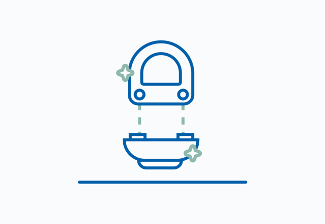 Pictogram van een toilet met los weergegeven onderdelen en stervormige symbolen die reinheid aanduiden. Dit icoon toont bij x²o badkamers dat het toilet eenvoudig te demonteren en gemakkelijk te onderhouden is.