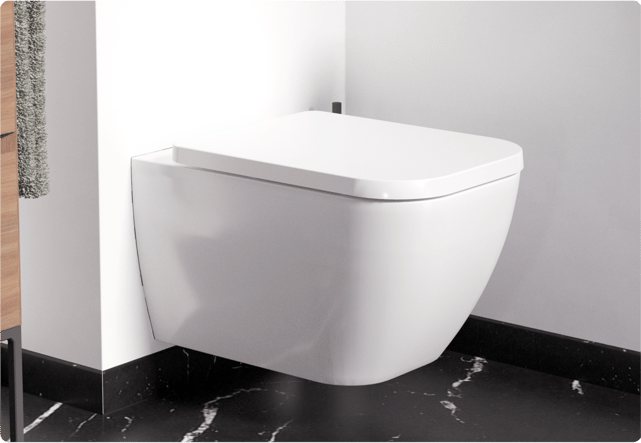 Une toilette suspendue blanche au design strié, installée sur un sol noir marbré. Un look haut de gamme signé x²o badkamers.