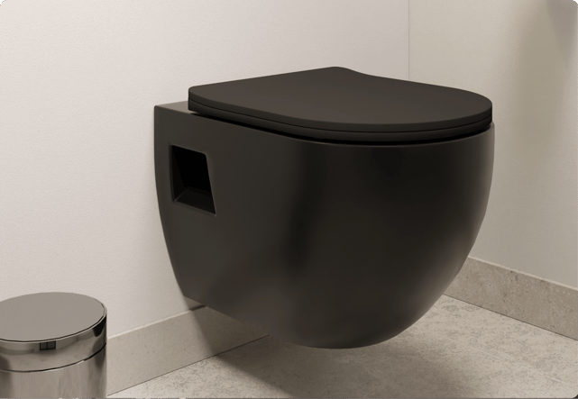 Une toilette suspendue noire mate avec un design arrondi, accompagnée d'une petite poubelle chromée. Ambiance élégante de x²o badkamers.