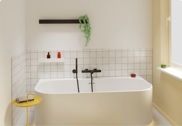 Op deze foto van x²o badkamers zie je een groot vrijstaand designbad in crèmekleur, voor een wand met verticale panelen, met een moderne minimalistische uitstraling en een gladde betonnen vloer.