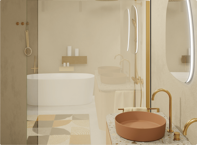 Salle de bains luxueuse couleur sable avec baignoire îlot, robinetterie dorée et vasque en terre cuite. Une ambiance zen inspirée des couleurs tendance 2026 chez X²O Salle de bains.