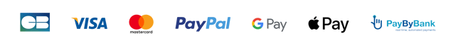 Logos des moyens de paiement: Carte Bancaire, Visa, Mastercard, PayPal, Google Pay et PayByBank.