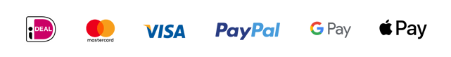 Logo’s van betaalmethoden: iDEAL, Mastercard, Visa, PayPal en Google Pay.
