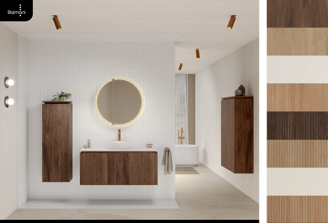 Balmani badkamermeubel met donker hout, ronde verlichte spiegel en opzetwastafel in moderne badkamer van X²O badkamers.