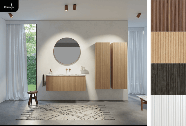 Balmani badkamermeubel met geribbelde houtstructuur, ronde spiegel en dubbele kolomkasten in lichte badkamer.
