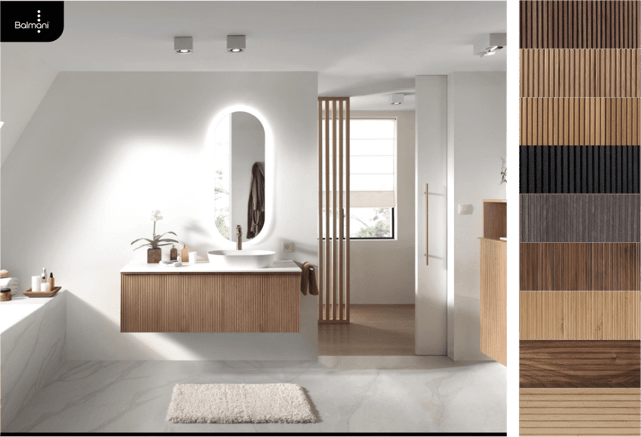 Balmani badkamermeubel met verticale ribstructuur, ovale spiegel met verlichting en minimalistische witte badkamer.