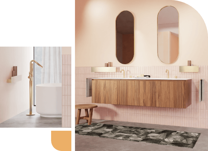 Modernes Badezimmer mit Holz-Waschbeckenmöbel, goldenen Armaturen, ovalen Spiegeln und freistehender Badewanne.