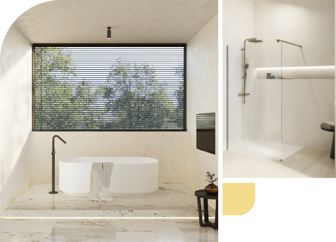 Luxe badkamer met wit vrijstaand bad, marmeren vloer en inloopdouche, met panoramisch uitzicht op de natuur.