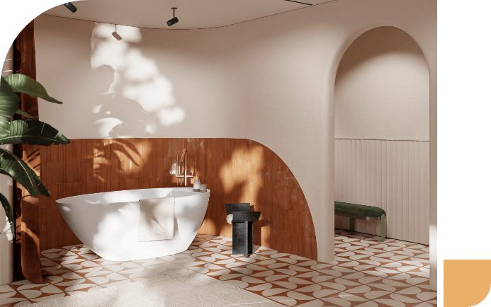  Badezimmer mit freistehender Badewanne, organischen Formen, terrakotta Wand und geometrischen Fliesen.