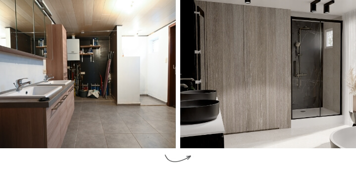 Voor en na: renovatie van een eenvoudige badkamer naar een luxe ruimte met zwarte inloopdouche en houtaccenten.