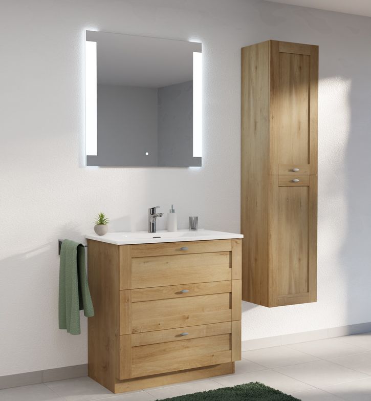 Badezimmer-Set von x²o Badezimmer mit Holz-Waschtischunterschrank, integrierter Waschschale, beleuchtetem Spiegel und passendem Hochschrank.
