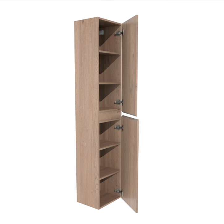Offener Hochschrank im Holzdesign von x²o Badezimmer, mit geöffneten Türen und mehreren Ablageböden für Handtücher und Badaccessoires.