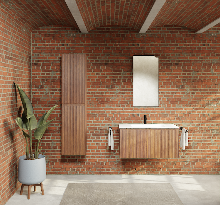 Industriële badkamer van x²o badkamers met bakstenen muren, een vrijstaand wit ligbad, een houten badkamermeubel met dubbele wastafel, zwarte kranen en accessoires en een ruime loftachtige inrichting met warme accenten.