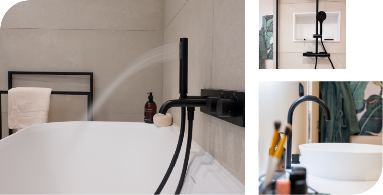 Overzicht van een gerenoveerde badkamer door x²o badkamers met zwart wastafelmeubel, geïntegreerde wastafel, minimalistische kraan en lichte wanden die zorgen voor een tijdloze en trendy uitstraling.
