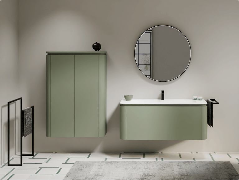 Salle de bains avec formes douces arrondies, tons beiges et douche intégrée – élégance naturelle. Tendances salle de bains 2026.