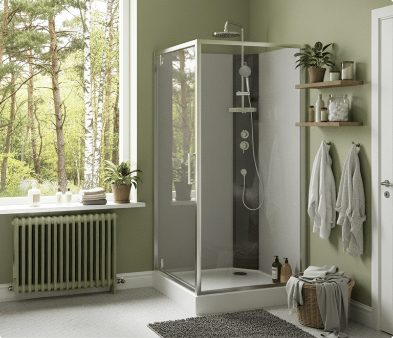 Modernes Badezimmer mit grünen Wänden und Duschkabine mit Regendusche – eine natürliche und stilvolle Lösung von X²O Badkamers.