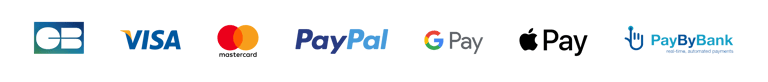 Logos des moyens de paiement: Carte Bancaire, Visa, Mastercard, PayPal, Google Pay et PayByBank.