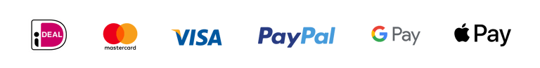 Logo’s van betaalmethoden: iDEAL, Mastercard, Visa, PayPal en Google Pay.