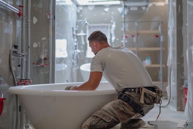Un installateur place une baignoire îlot dans une salle de bains en cours de rénovation, avec murs bruts, conduites et outils visibles. Cette image illustre une rénovation professionnelle chez x²o salles de bains.