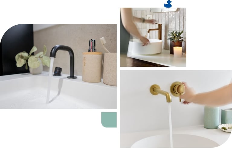 Du siehst eine freistehende Badewanne mit goldfarbener Badarmatur vor einer grauen Wand, mit Fokus auf die Pflege von Armaturen bei x²o Badezimmer.